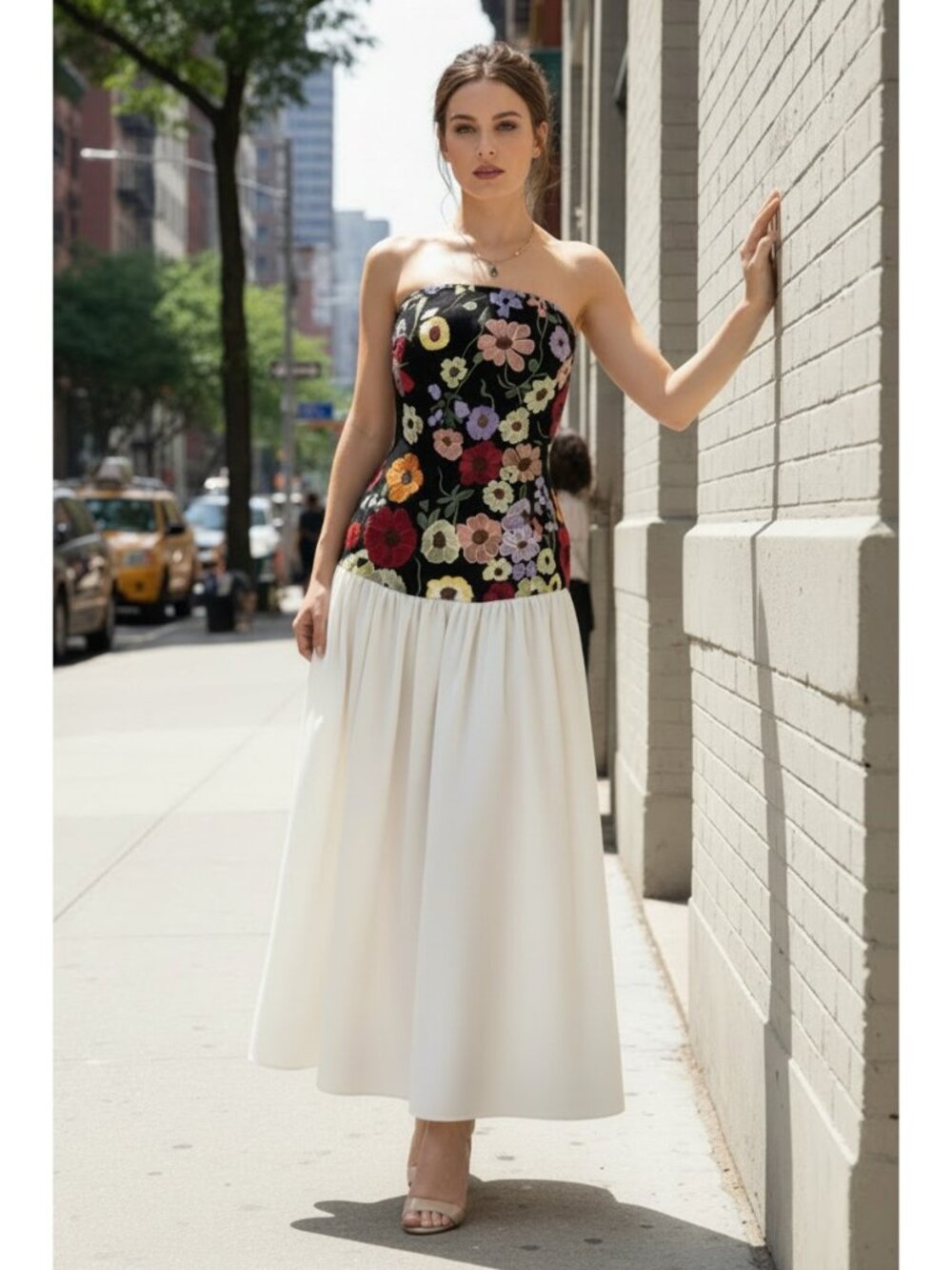 Floral Embroidered Strapless Corset Drop Waist Colorful Fit and Flare Maxi Dress